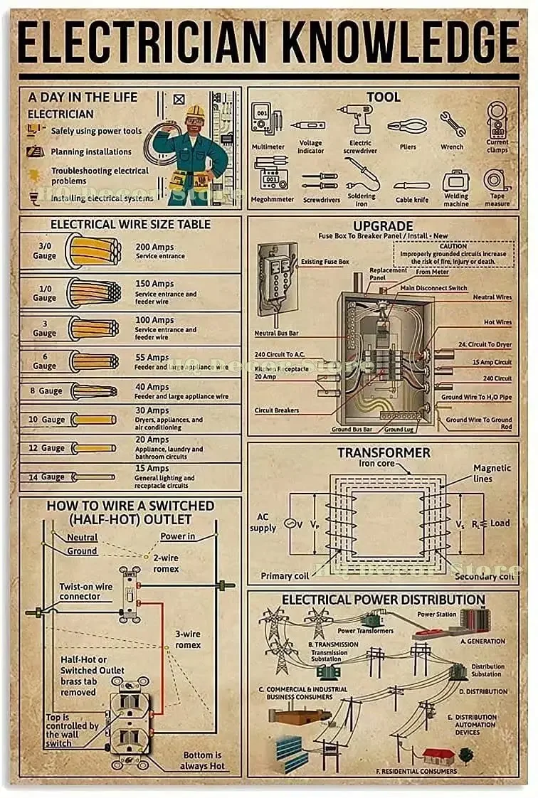 Electrician Knowledge  Tin Sign Electrical Power Distribution Retro Poster School Education Living Room Room Bathroom Kitchen