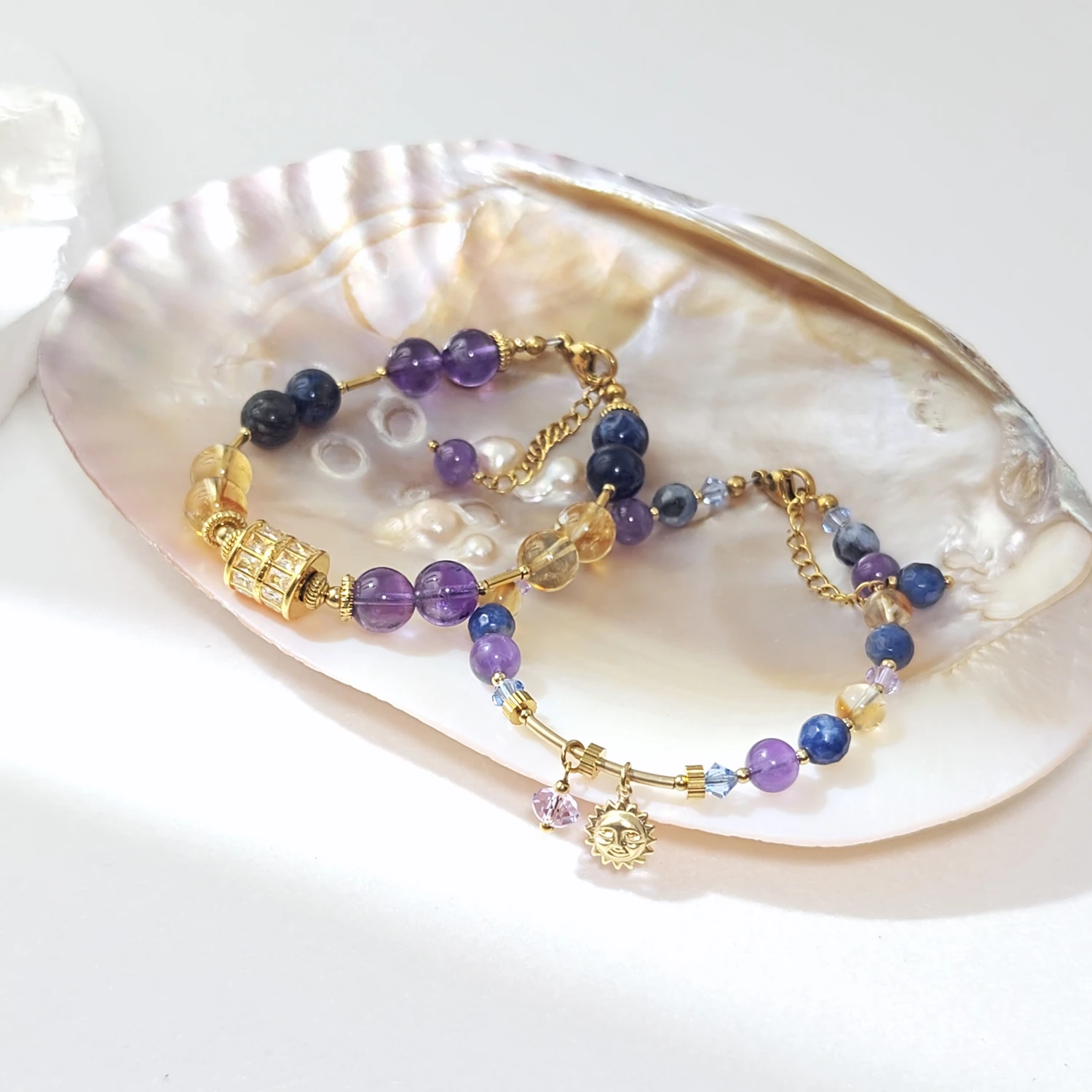 

Lii Ji 6/8mm Amethyst Sodalite Citrine Beaded Bracelet Gold Stainless Steel Handmade Jewelry