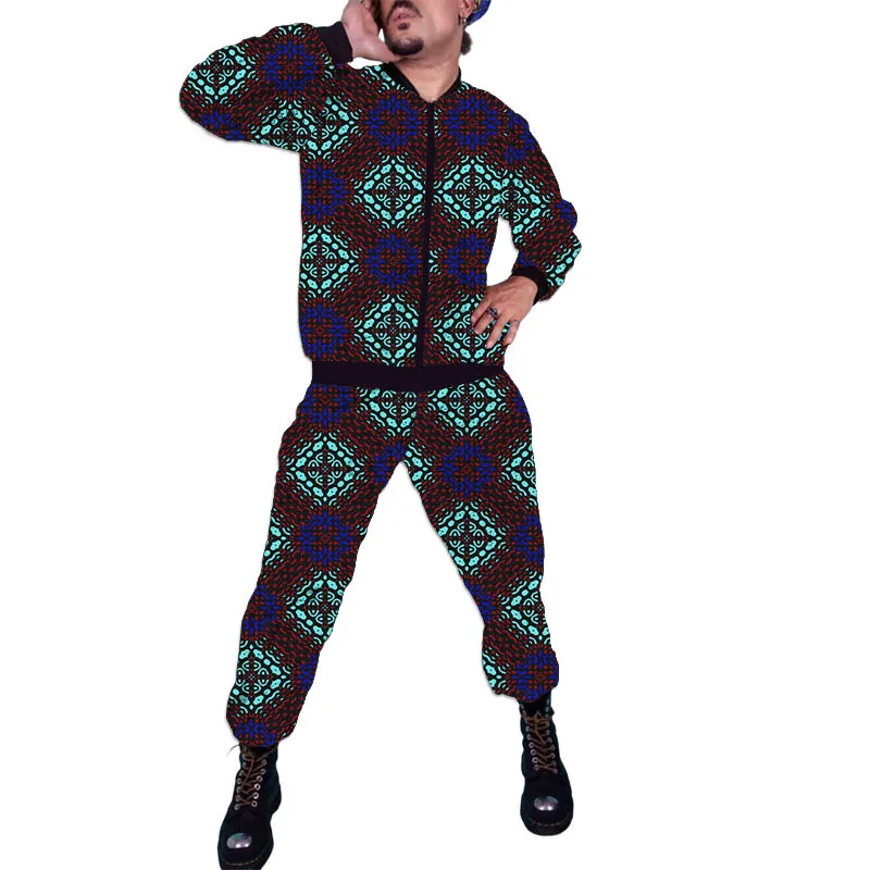 طقم بدلة رياضية رجالي مطبوع عليه شمع سترة بسحاب بنمط عرقي عتيق وسراويل مدببة أزياء أفريقية لمحبي الموضة