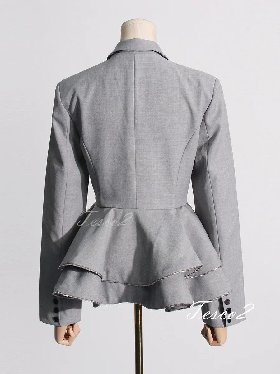 Tesco Trendy Women's Blazer Suit Gray Ruffles Design Jacket Senior Double Breasted Long Sleeve Black New Jacket For Streetwear