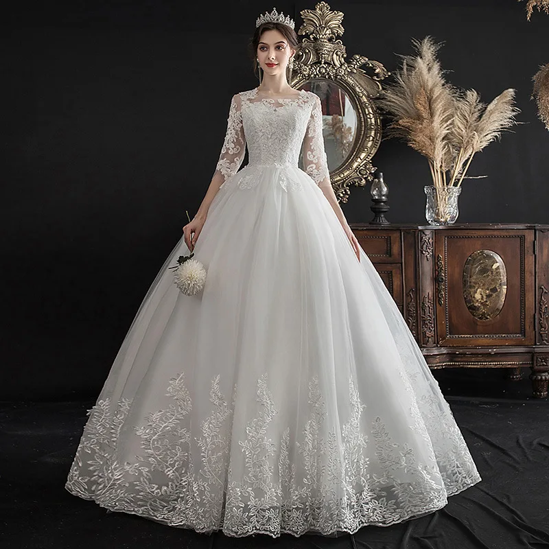 Elegant Bride Dresses for Women French Style Half Sleeves Lace Slimming Ball Gown Formal Women's Simple Wedding Dress