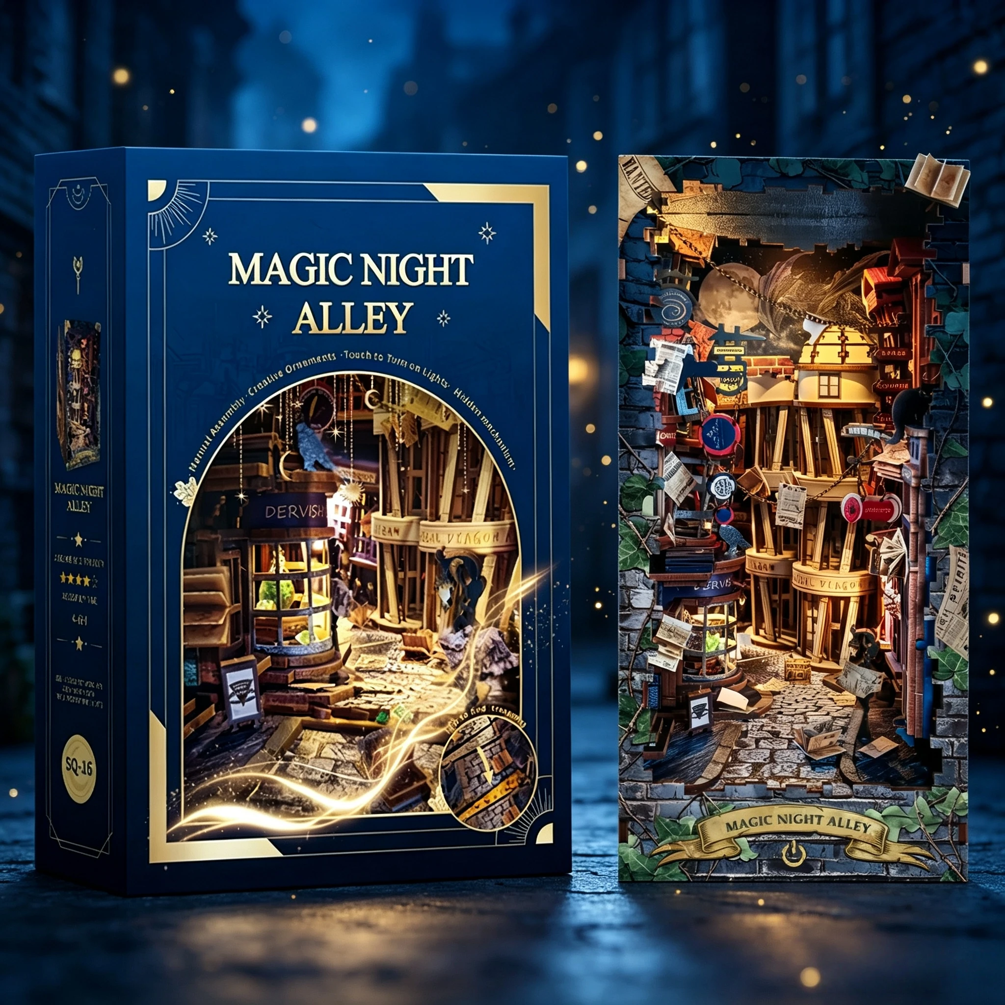 DIY Book Nook Magical Night Lane Wooden 3D Puzzle Shelf Insert Miniature Model Kit Home Decor Birthday Gift for Adults Toys