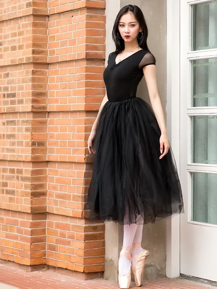 Wit Zwart Mesh Kant Ballet Dansen 80 CM Lange Tutu Verborgen Elastische Taille Tule Rok Volwassen Ballerina Bal Rokken groothandel