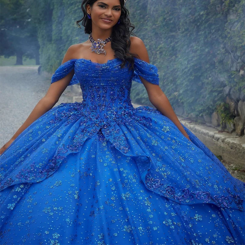 Royal Blue Shiny Quinceanera Dresses 2024 Beaded Sequined Lace Appliques Sweet 16 Dress Ball Gown vestidos de 15 años