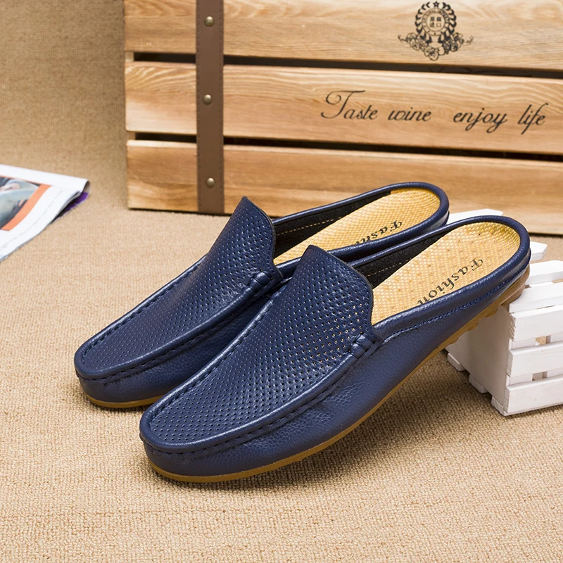 Men\'s Leather Shoes Casual Doug Shoes Fashion Non-slip Half trailer Men Sandals Moccasin Soft Flats Men Driving Shoes