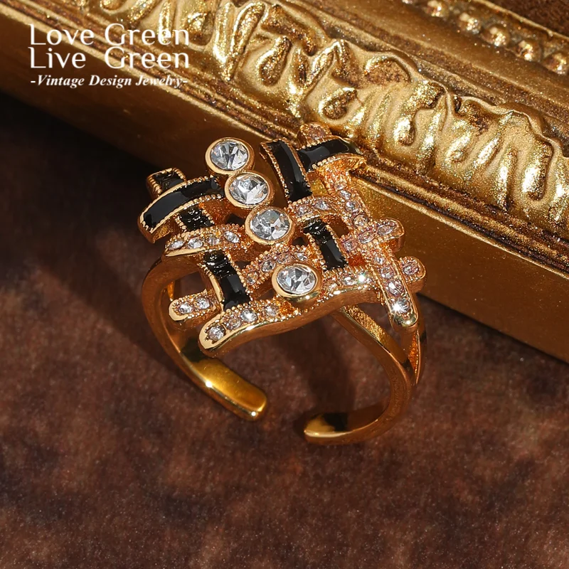 

Vintage Black White Cross Ring Woman Knit Gold Color Rhinestone Accessories Luxury Jewelry Trends 2025 High Quality Wedding
