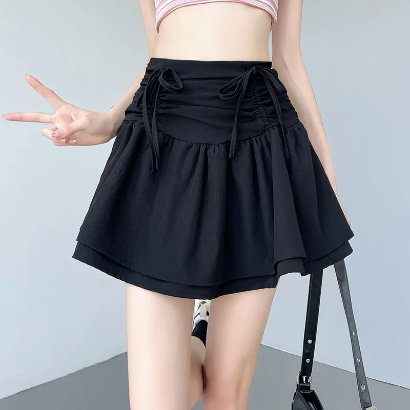 Elastic Waist Bow Tie Skirts Women 2024 Summer New Thin A-line Solid Color Loose Versatile Double Layer Slim Short Skirt Female