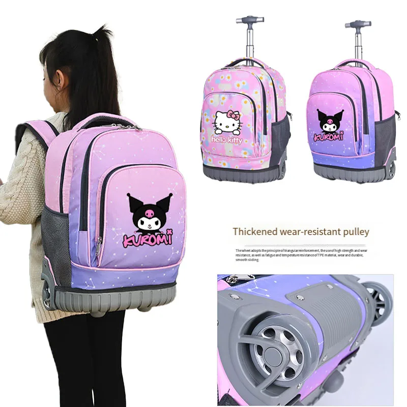 Girls School Backpack Anime Sanrios Hello Kittys Children's Trolley Schoolbag Kuromi Backpack with Wheels Boys Bag Portable Gift