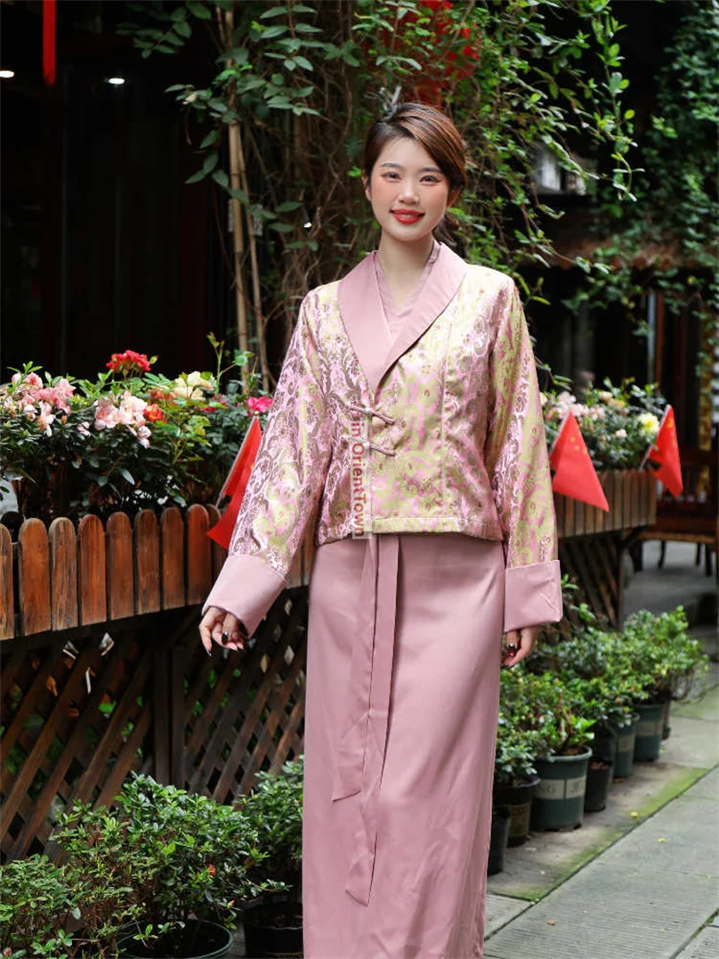 Women Tibetan Suit Lhasa Girl Small Coat + Robe Lady Bola Dress China Ethnic Minority Purple Gray Red Pink Black Clothes TP078