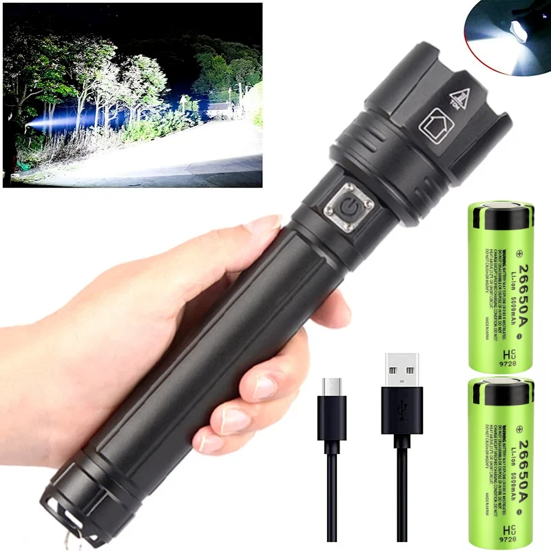 Super Bright XHP90 LED Flashlight 4 Core USB Torch Lantern Zoom 26650 USB Rechargeable Hand Light for Walking Camping,Fishing