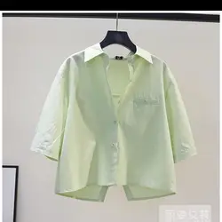 Cotton Design With A Split Back Short Shirt, Women's Green Loose Fitting 2026 Summer Mid Sleeved Top