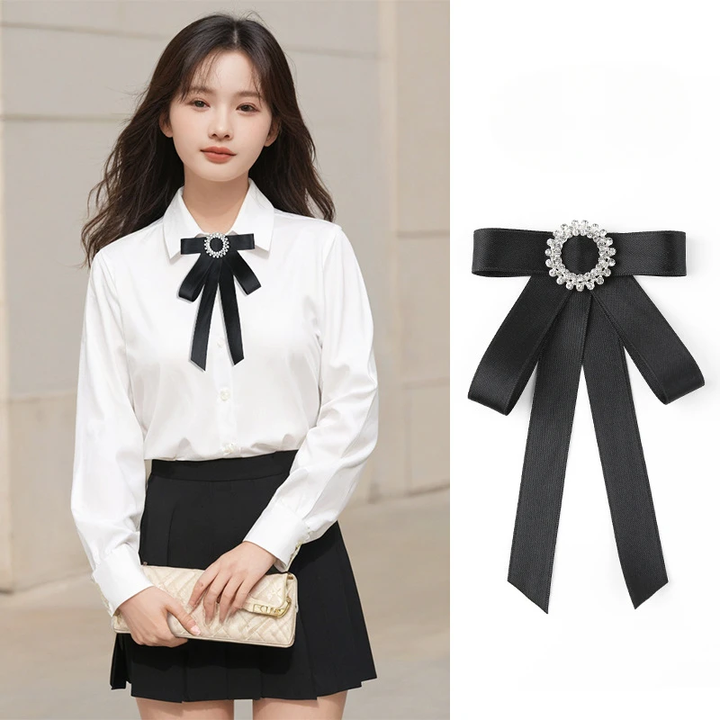 Koreanische Stoff Blume Hemd Bogen Brosche Krawatte frauen Schwarz College Britischen Student Schuluniform Abschluss Temperament Kragen Pin – Detail 3