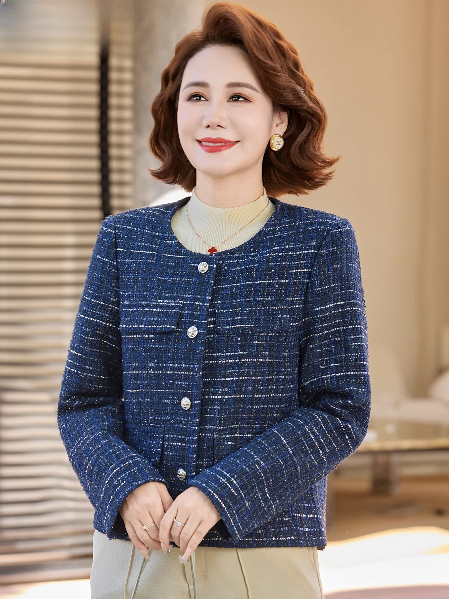 

Модное шерстяное пальто для женщин среднего возраста, осенне-зимняя одежда, теплый кардиган на пуговицах в корейском стиле с круглым вырезом