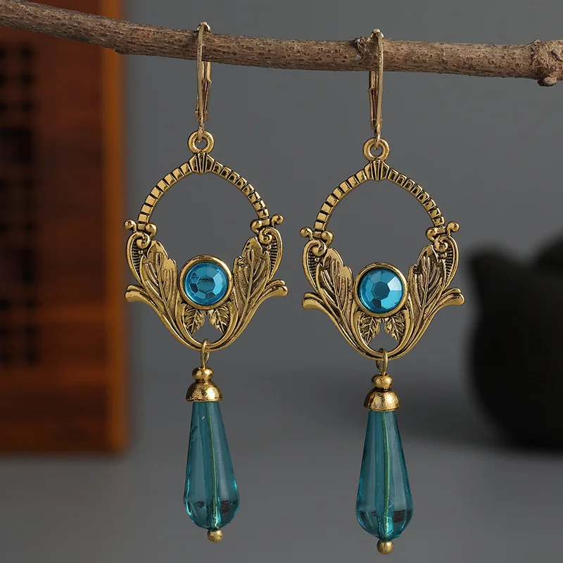 Bohemian Inlaid with Blue Stones Drop Earrings Women Vintage Ethnic Silver Color Metal Carving Plants Pattern Long Earrings