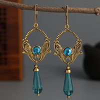 Bohemian Inlaid with Blue Stones Drop Earrings Women Vintage Ethnic Silver Color Metal Carving Plants Pattern Long Earrings