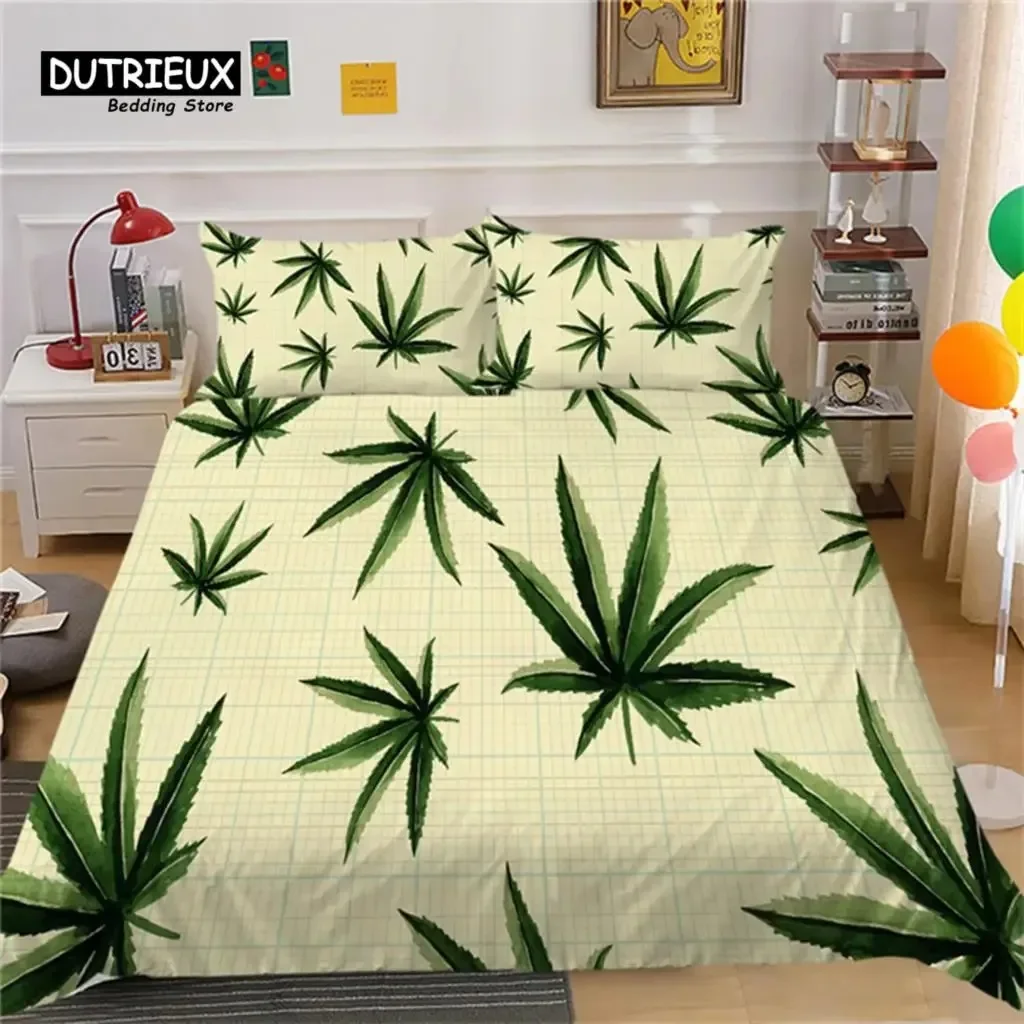 Green Marijuana Weed Leaf Duvet Cover Cannabis Leaves Bedding Set Marijuana Leaf Quilt Cover Queen Size For Adults Bedroom Decor