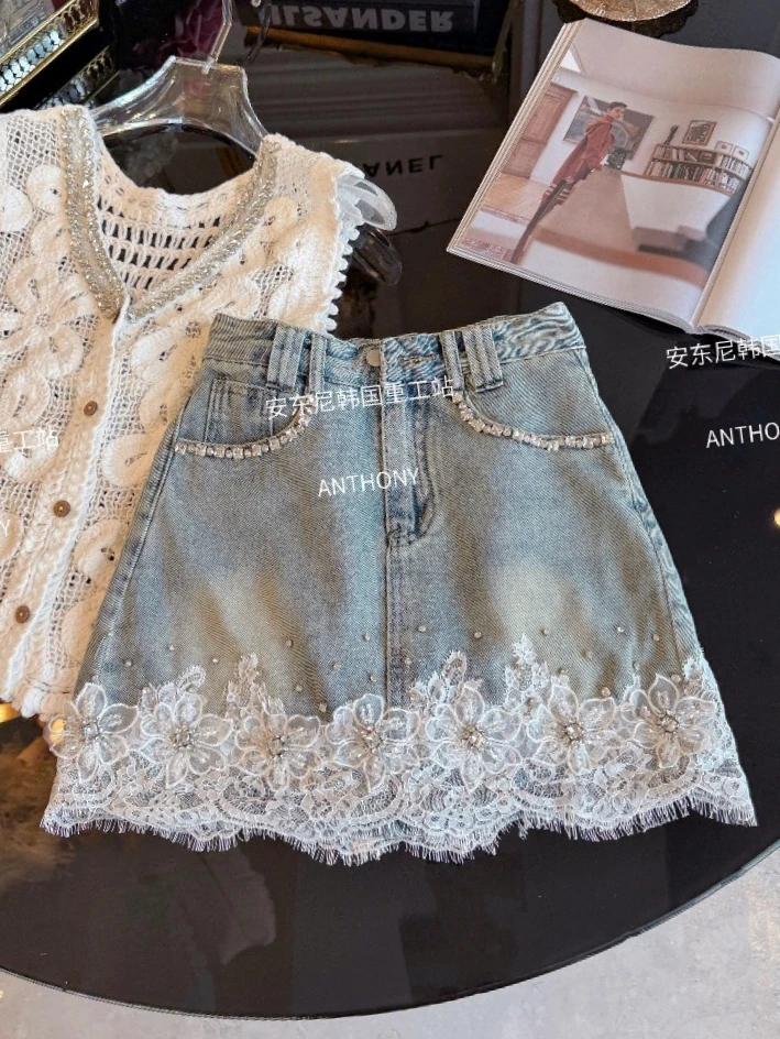 

Summer 2026 New Heavy Diamond Vintage Denim Skirt Fashion All Match Slim Mini Skirt Women's High-waisted Lace Ruffled Skirts