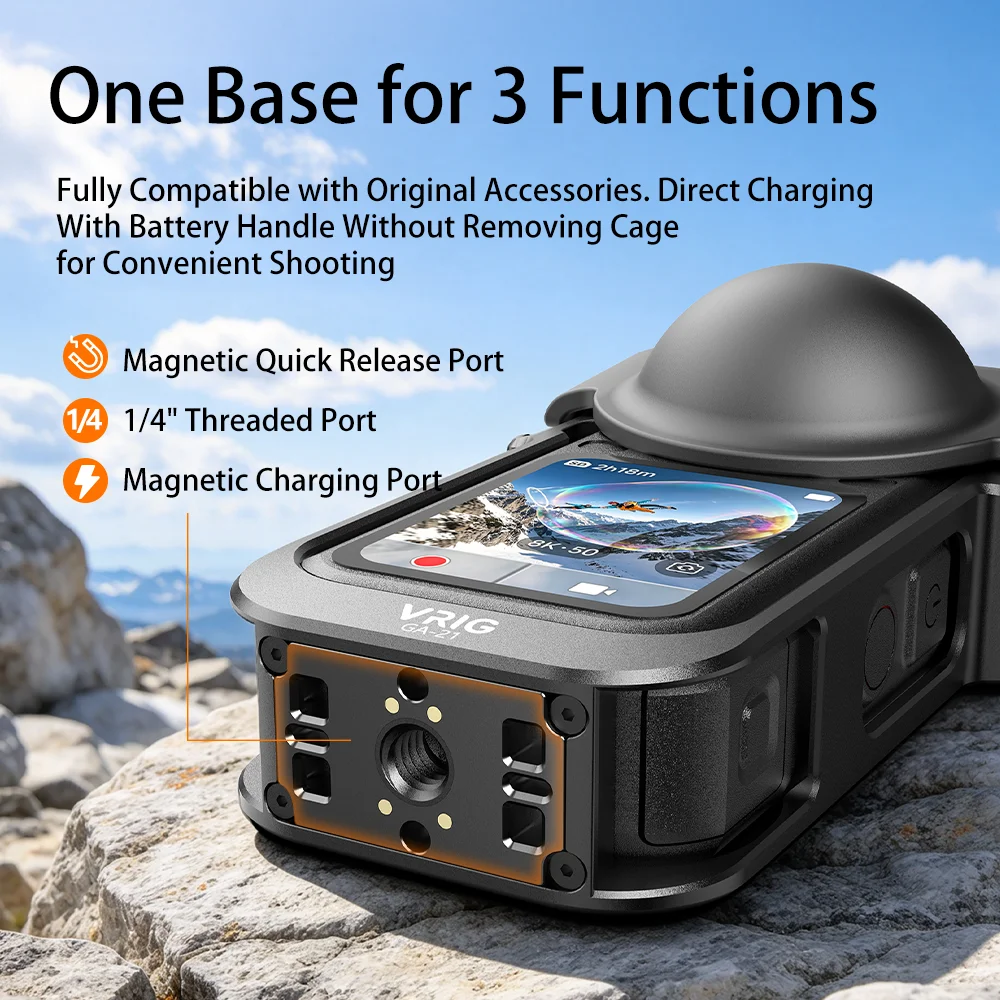 VRIG GA-21 Metal Video Cage for Insta360 X6 Aluminum Frame with Cold Shoe 1/4 Thread Magnetic Charging Vlog Accessories