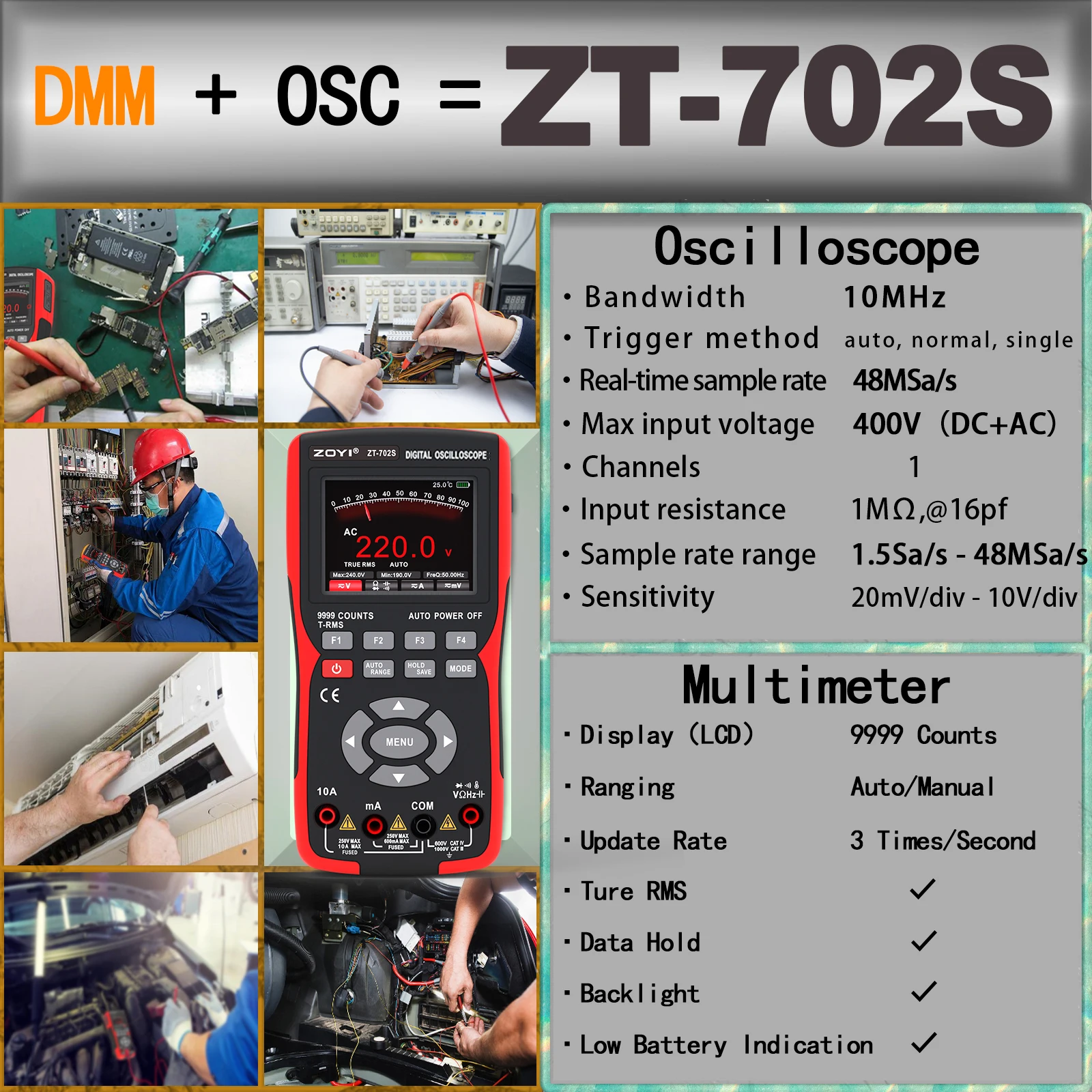 ZOYI ZT-702S 2 in 1 Handheld Digital Automotive Oscilloscope Multimeter, Single Channel 10MHZ Bandwidth,64Kbyte Record Length,