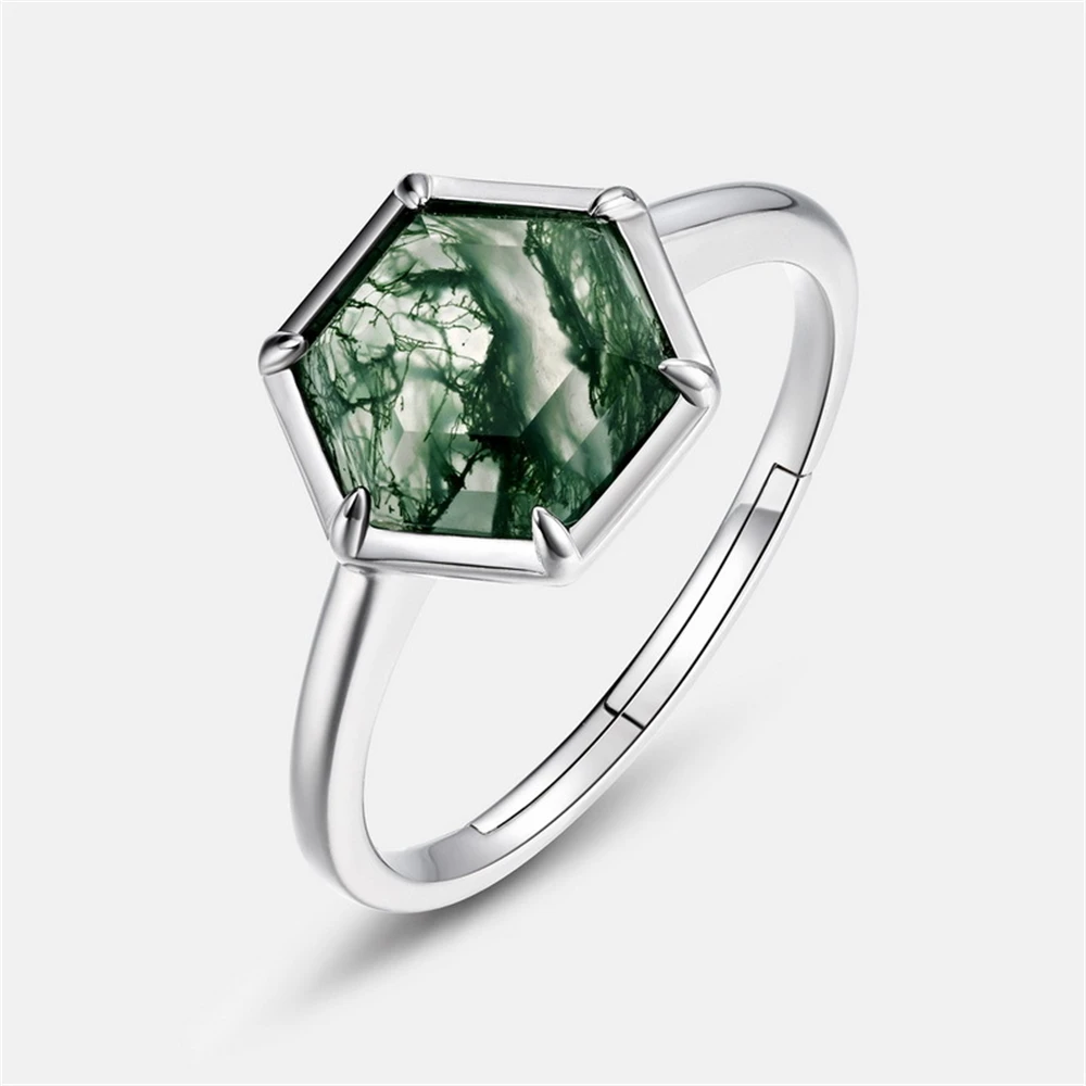 

S925 Sterling Silver Green Moss Stone Ring 8*8mm Fresh Exquisite Small Women's Accessory