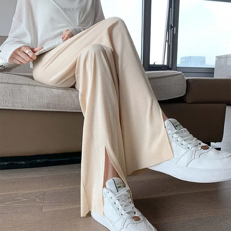 Slit Meat-covered Ice Silk Women for Summer Thin Loose Straight Black Large Size Casual High Waist Drooping Wide-leg Pants