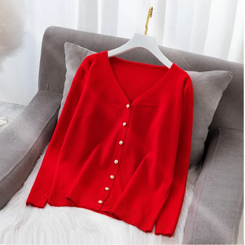 

Casual V-neck Knitted Cardigan Women Autumn Winter Pearl Button Solf Warm Coat Female Cardigan Fashion Ladies Oversize Sweater