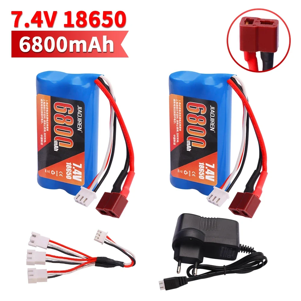 Upgrade 7.4 V 18650 6800 MAH Batterij voor Wltoys 10428/12428/12423/Q46 RC Auto Onderdelen met lader 7.4 V T plug voor Power auto