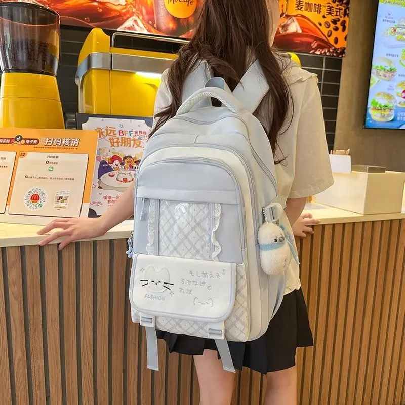 Kawaii Blue Backpack With Clear Display Window Cat Embroidery Lace Trim Girls School Travel Daypack Anime Style Rucksack