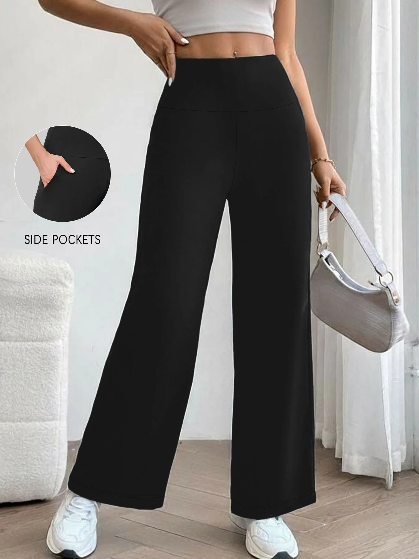 Superweiche Pyjamahose mit hoher Taille für Damen, Hose mit weitem Bein und Taschen für den Heim- oder Außenbereich ﻿