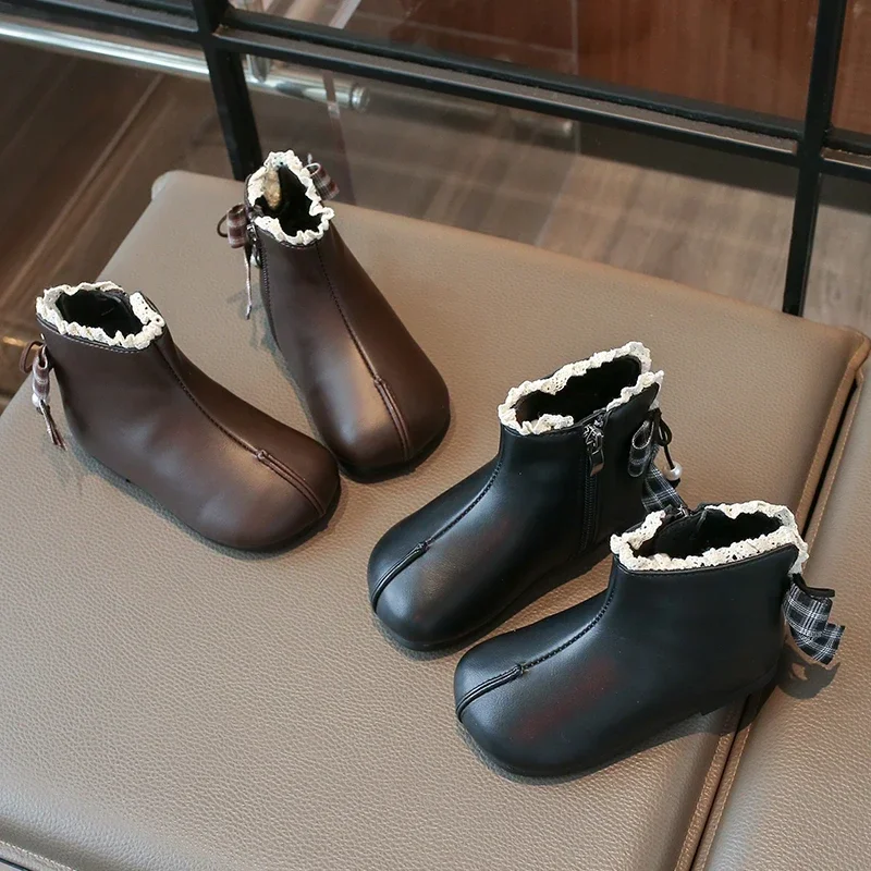 New Fall Winter Baby Boots PU Leather White Lace Ruffled Topline Toddler Short Boots for Kids Girl Bow-tie Princess Shoes