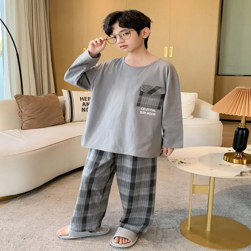 

Хлопковый пижамный комплект с длинными рукавами для мальчиков, домашняя одежда в клетку из двух предметов для детей, подростков, домашняя одежда для мальчиков, повседневная одежда для сна, милая каваи