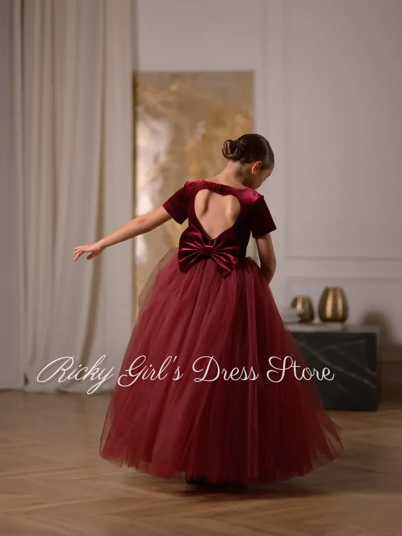 Burgundy Velvet Tulle Beautiful Girl Flower Girl Dress For Pageant Dance Performances Holiday Celebrations Formal Reception