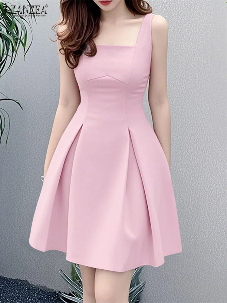 

ZANZEA Chic High Waisted Mini Dresses 2025 Fashion Square Neck Elegant Woman Party Sundress Sleeveless Seamed Detail Tank Dress