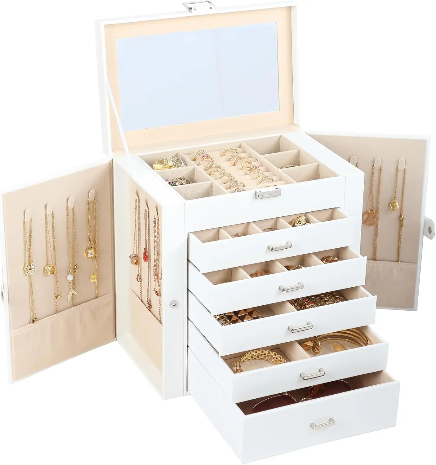 

Jewelry Box For women, 6 Layer Large Jewelry Organizer With Mirror, Multi-Function Storage Box With Lock, Necklace Holde