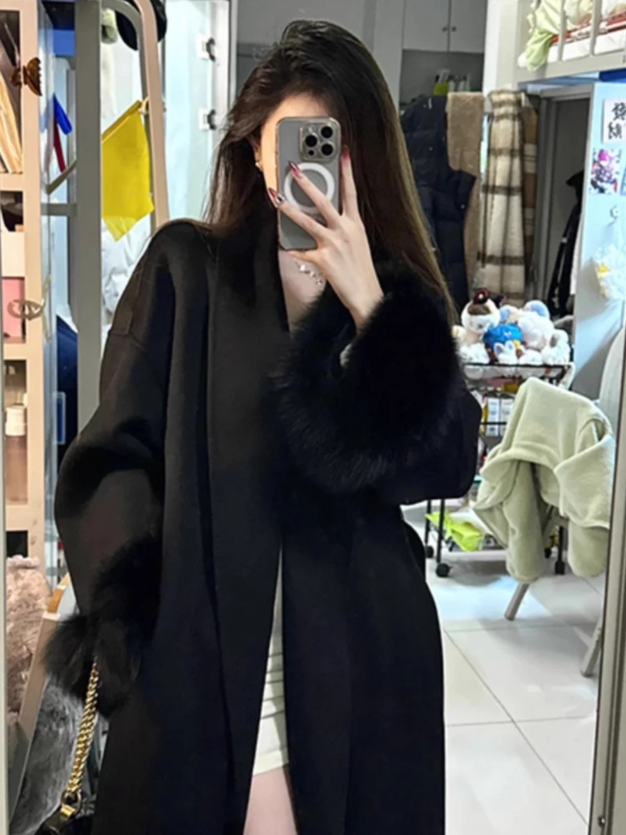 

Ретро-пальто из шерсти с меховой отделкой для женщин, осенне-зимнее, свободного кроя, средней длины, уникальное, роскошное, во французском стиле, для повседневной носки