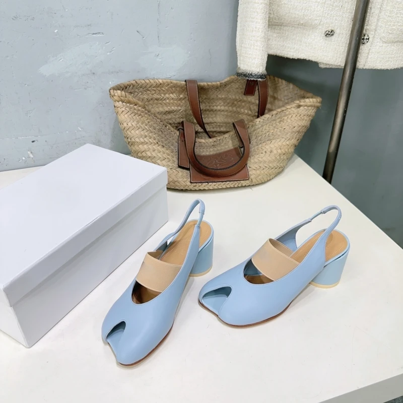 

Summer New Leather Apple Head Thick High Heel Mary Jane Women's Shoes Open-Toe Flat Band Backless Sandals Fashion Flats