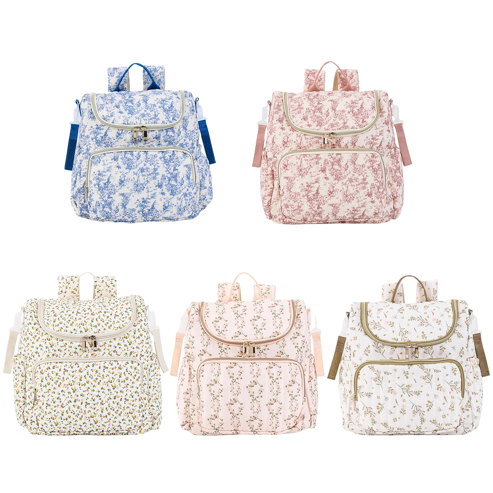 Floral Pattern Backpack Large-Capacity Polyester Padded Nursing Bags Portable Bottle & Diaper Storage Backpack for Women