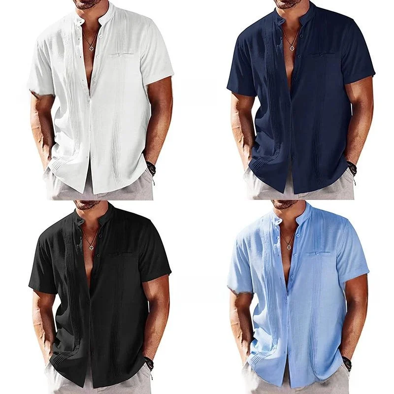 

Men's Cotton Linen Trendy Shirt Short Sleeve Pocket Folded Fabric Thin Summer Casual Pure Color Inner Wear Other Style