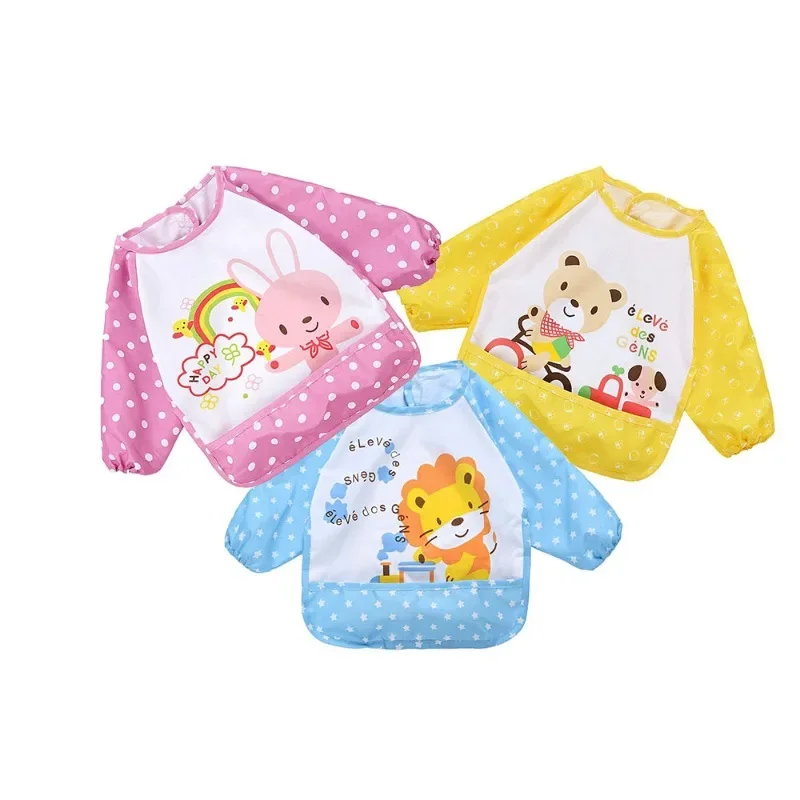 Cartoon Rabbit Lion Baby Bibs for Children Feeding with A Food Waste Pocket Waterproof Long Sleeve Apron Smock Burp Clothes 1-3Y