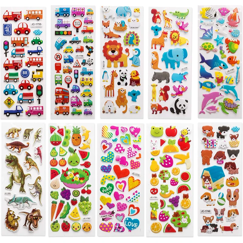 8/20 Sheets Different Cartoon Animal 3D Puffy PVC Bulk Sticker for Boys Girls DIY Classic Toy Stickers Decoration Gift