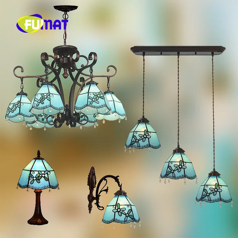 FUMAT Blue Mediterranean style Four-petal Flower Tiffany 6 Head Chandelier Stained Glass Restaurant Bedroom Living Room