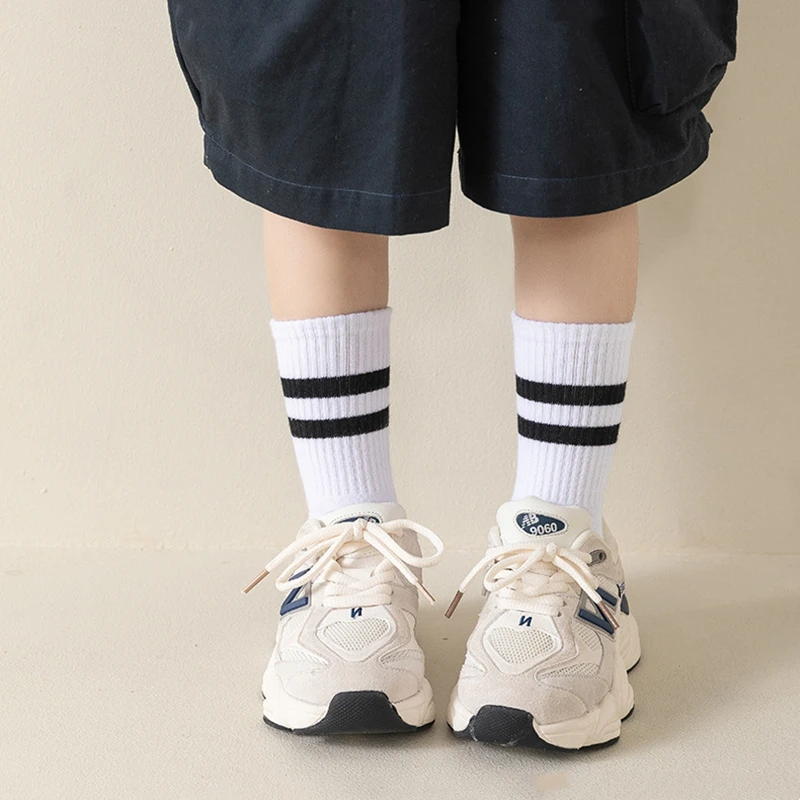 Children Sports Socks Pure Cotton Black White Gray Striped Boys Girls Student Sports Socks Four Season