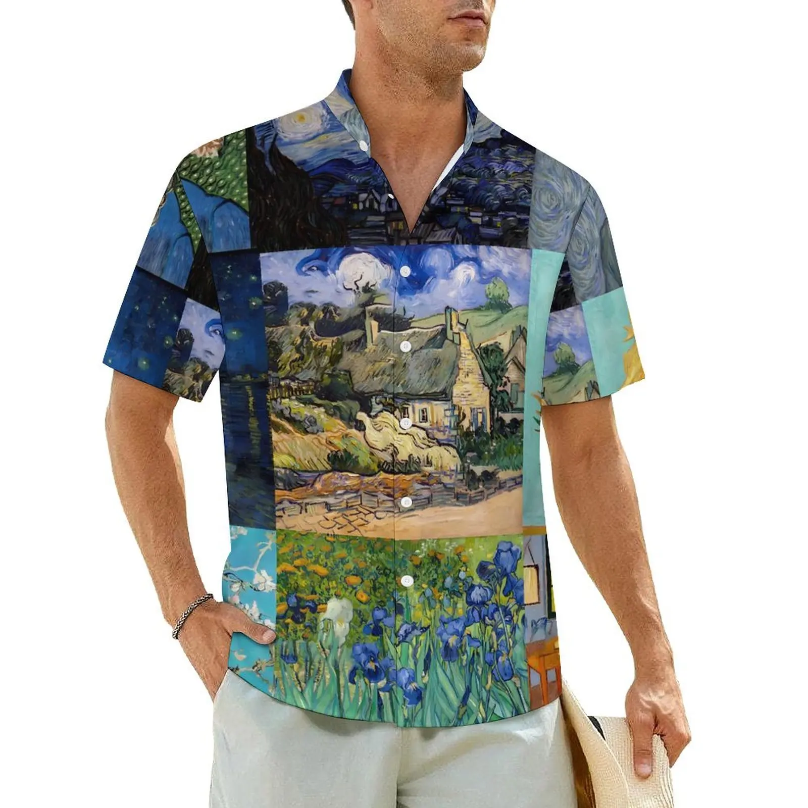 

Vincent Van Gogh Hawaiian Shirt Men Beach Masterpieces Patchwork Casual Shirts Short Sleeve Stylish Vintage Oversized Blouses