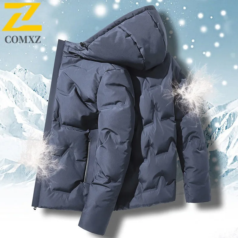 COMXZ Men Short Down Jacket  Classic Hooded Collar Korean Fashion Lightweight Down Coat Leisure Camping Thickened Warm Parka