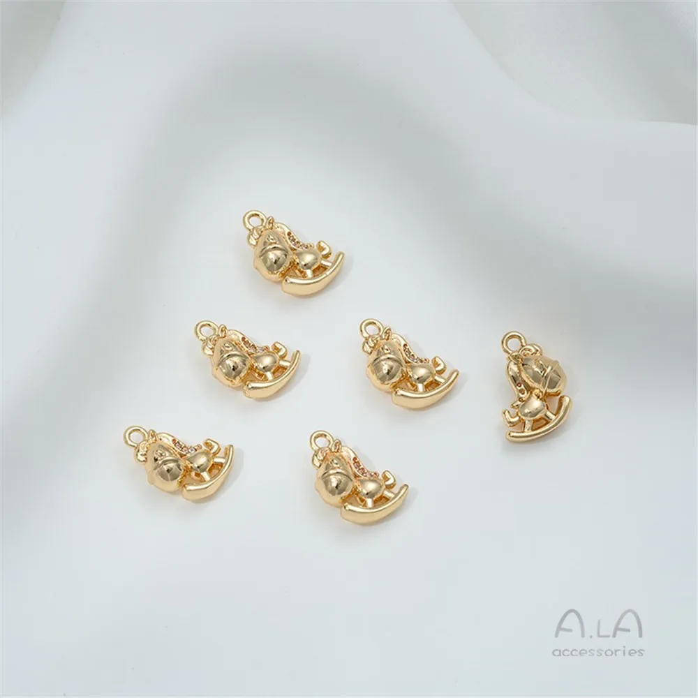 Tas Tembaga 14K Liontin Dinosaurus Kucing Kuda Kartun Kuda Kayu Zirkon Bertatahkan Emas Asli Aksesori Liontin Ornamen Gelang Diy