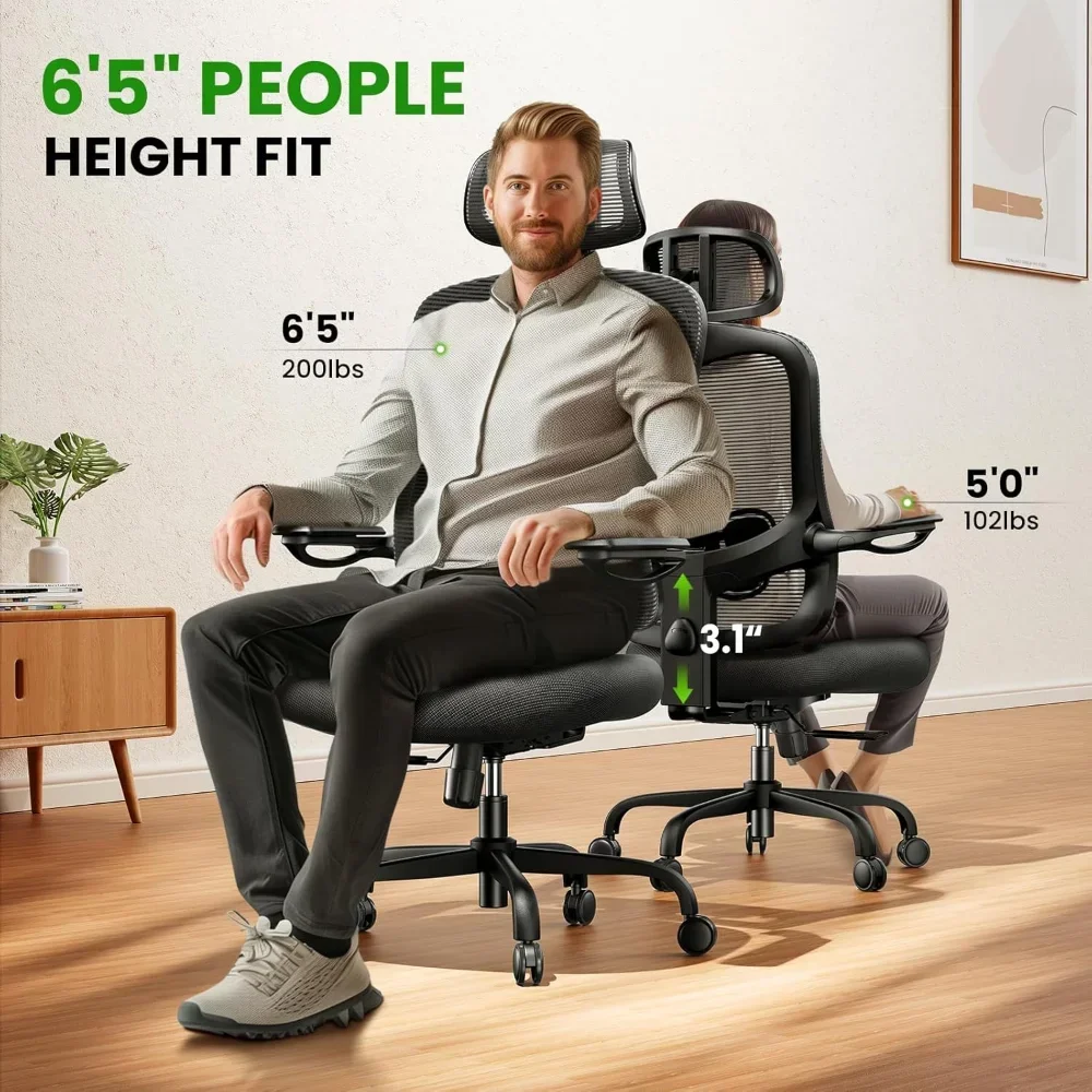 Ergonomic Office Chair Big and Tall - , Comfortable, with Adjustable Mesh High Back, Lumbar Support, 3D Headrest, Flip-up Arms