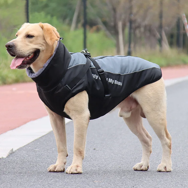 

Waterproof Large Dog Clothes Winter Dog Coat With Harness Furry Collar Warm Pet Clothing Big Dog Jacket Labrador Bulldog Costume