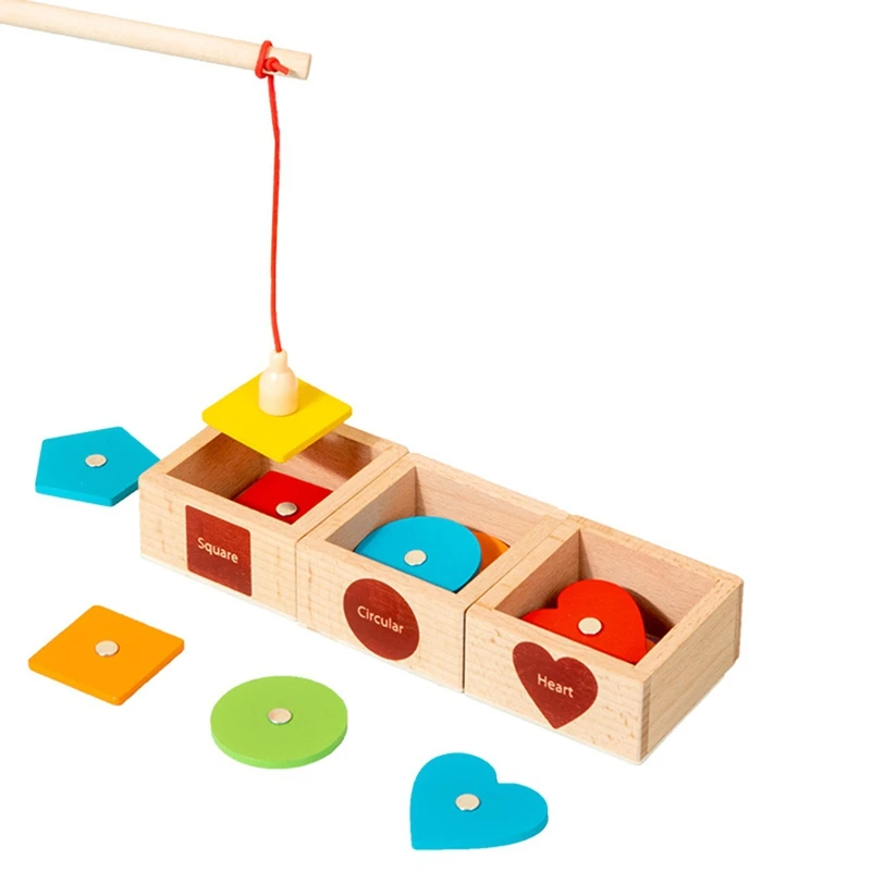 Children's Wooden Magnetic Color Shape Teaching Aid Classification Box Geometric Cognition Fishing Game Toys For Kid