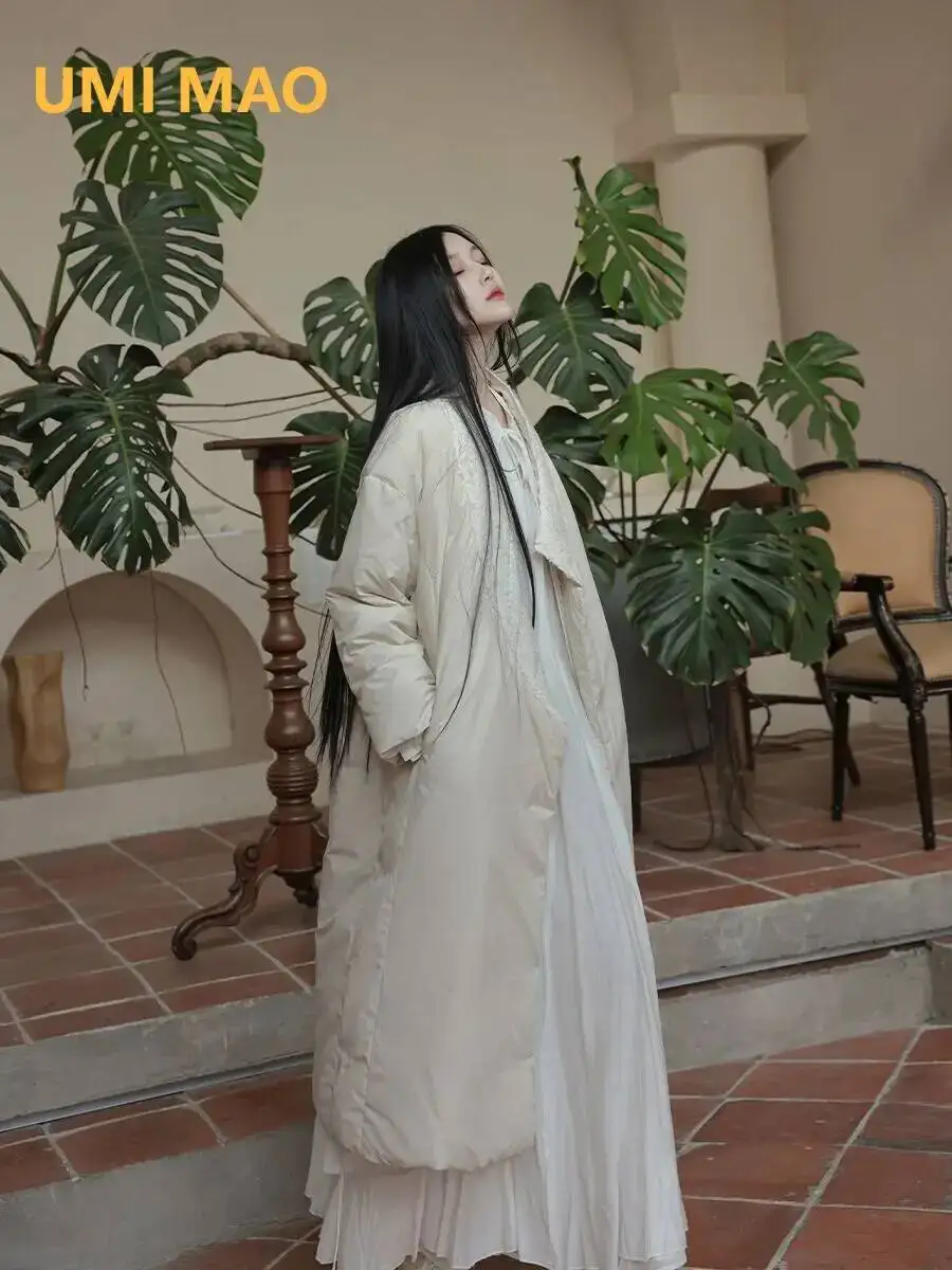 UMI MAO 90 화이트 오리 다운 재킷 중국 스타일 예술적 경사 칼라 가볍고 따뜻한 두꺼운 롱 코트 Femme