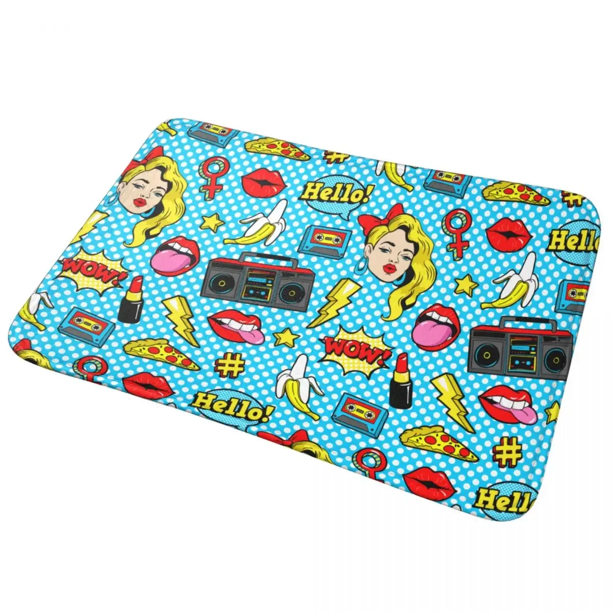 Pop Art Cartoon 80s-90s Comic Style Bath Mat Super Absorbent Doormat Non Slip Beauty Lips Rugs for Tub